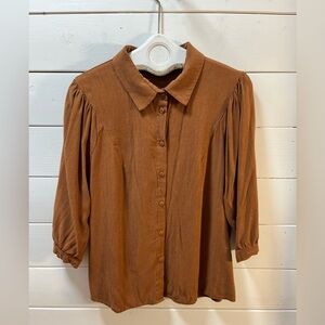 COKLUCH Brown Button-Up Blouse with Puff Sleeves – Size XL